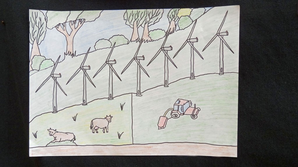 Dessin d'enfants montrant les 7 éoliennes du Parc Eolien du Truc de l'Homme